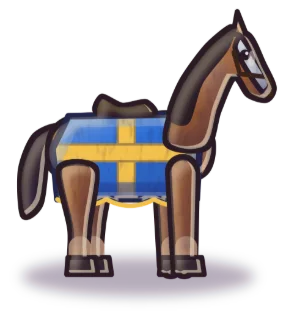 A brown war horse in a blue-and-gold caparison.