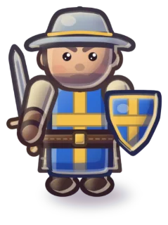 A squire with a sword and a blue cross shield.
