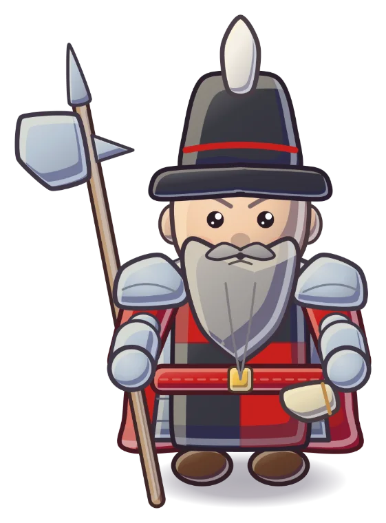 Enemy general: a grey-bearded landmarshal in a plumed black hat with a halberd and a red-and-black coat.