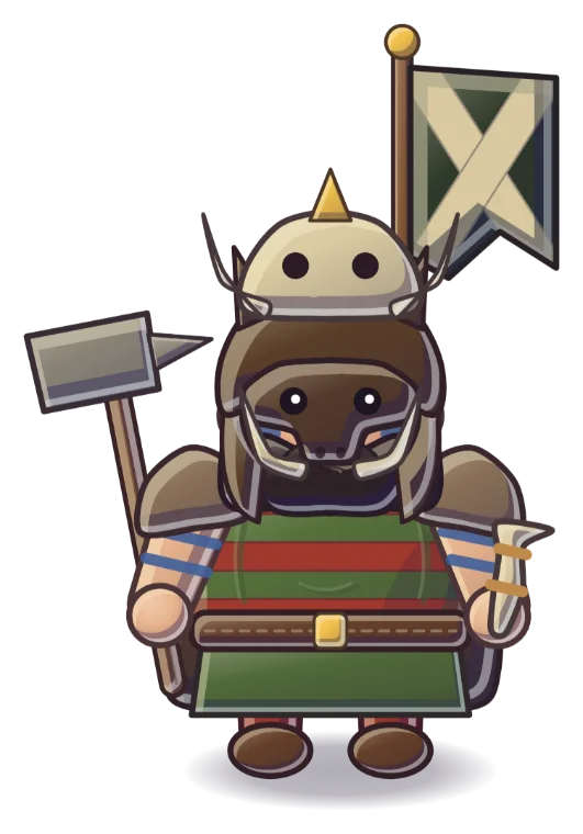 Enemy general: a boar-skull-masked chieftain with a war hammer and a green saltire banner.