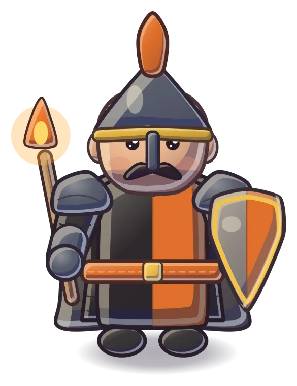 Enemy general: a count in black-and-orange armour with a torch and an orange shield.