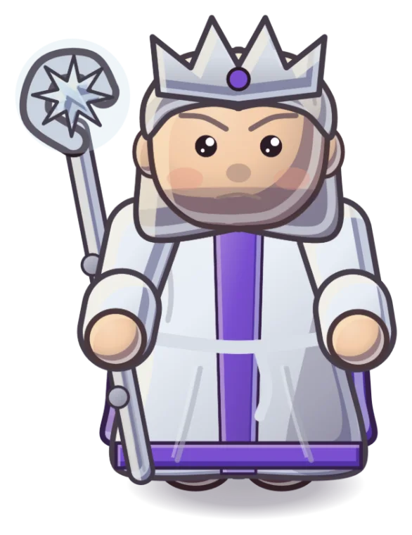 Enemy general: a white-robed empress with a silver crown and a star-headed sceptre.