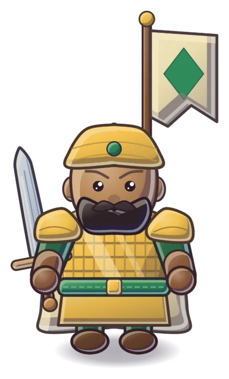 Enemy general: a bearded emir in a gold helmet and scale coat with a sword and a green-diamond banner.