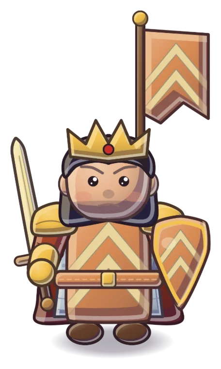 Enemy general: a crowned queen in chevroned armour with a sword, shield and banner.