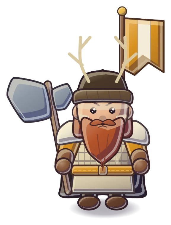 Enemy general: a red-bearded war-chief in an antlered helm with an axe and a gold banner.