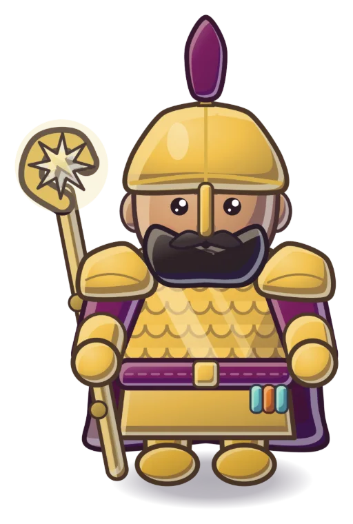 Enemy general: a black-bearded strategos in gilded scale armour with a purple plume and a star sceptre.