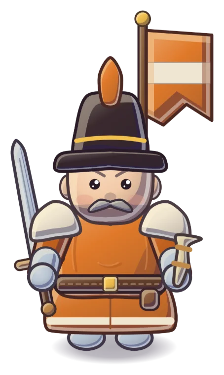 Enemy general: a count in a tall black hat and orange coat with a sword and orange banner.