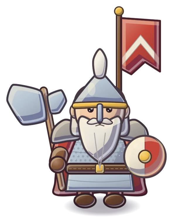 Enemy general: a white-bearded jarl in a nasal helm with an axe, round shield and red chevron banner.