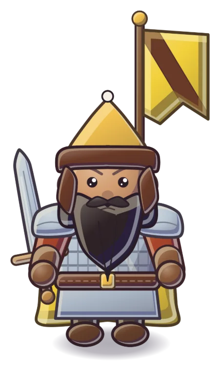 Enemy general: a Tarqai commander in a fur-trimmed gold peaked hat with a long beard, sword and a gold-and-brown banner.