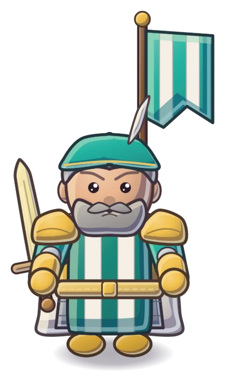 Enemy general: a grey-bearded admiral-doge in a teal cap and striped coat with a sword and a striped banner.