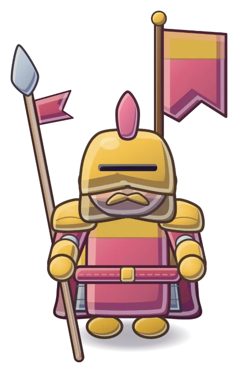 Enemy general: a duke in a closed gold helm with a pink plume, a lance pennon and a pink banner.