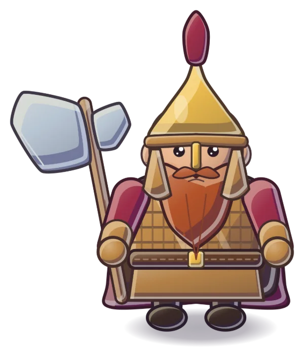 Enemy general: a red-bearded boyar in a gold spired helm and scale coat with a great axe.