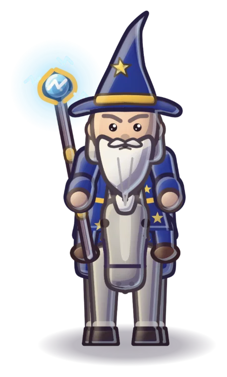 A white-bearded wizard in a starry blue robe and pointed hat on a white horse, lightning staff raised.