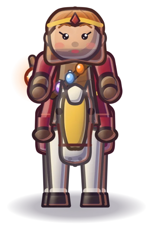 An alchemist in a red coat on a white horse, carrying glowing phials.