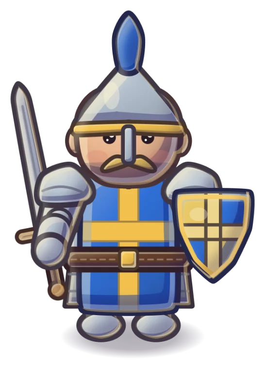 A knight in a plumed steel helm and blue-and-gold surcoat with sword and cross shield.
