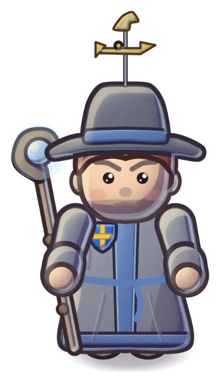 A young wizard in a wide grey hat with a weather-vane and an orb staff.