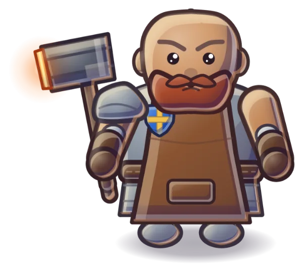 A bald, red-bearded smith in a leather apron with a glowing hammer.