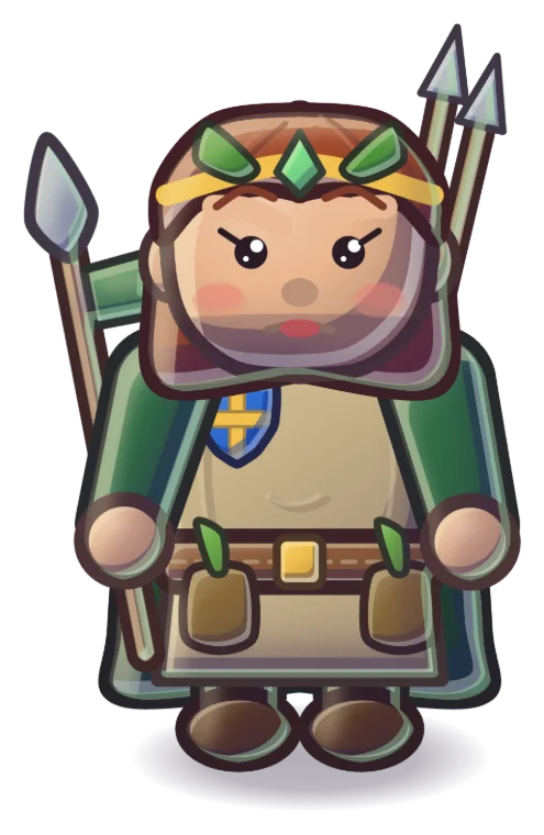 A warden in a green mantle with a leaf circlet and javelins.