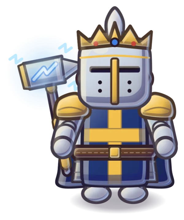 A crowned great-helm knight with a crackling storm hammer.