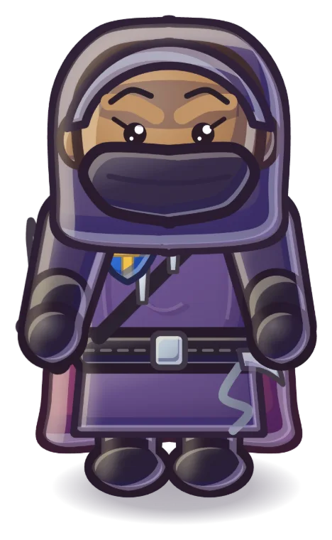 A masked spymistress in a purple hooded cloak.