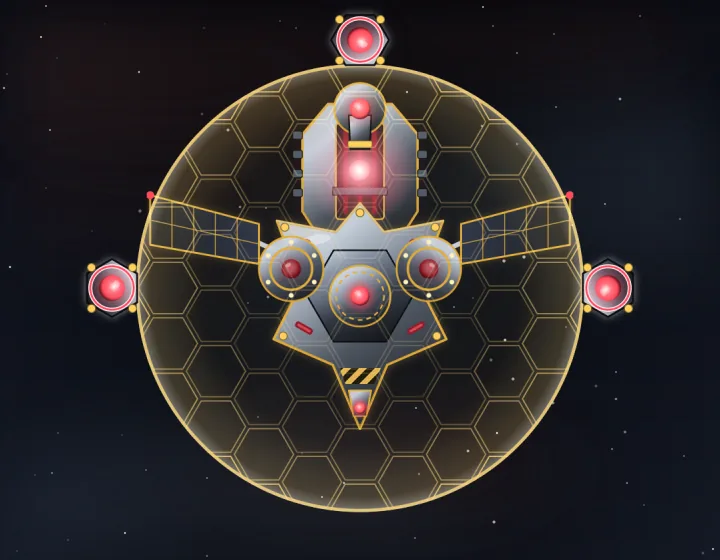 Aegis Starfort boss: a red-and-steel fortress with solar wings inside a hexagonal shield, ringed by three turrets