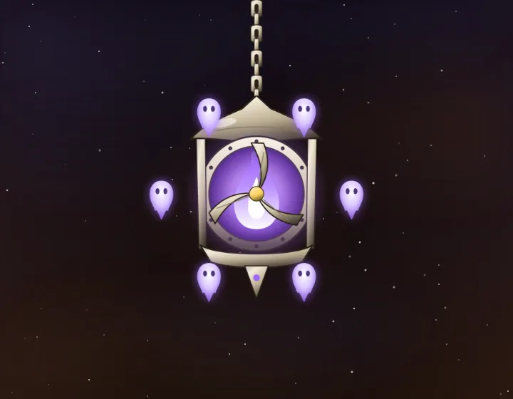 Gloamlantern boss: a hanging lantern with a violet fan core, circled by small ghost flames