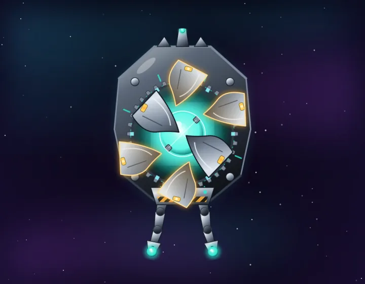 Irisgate boss: an armoured octagonal gate with iris plates opening over a teal core
