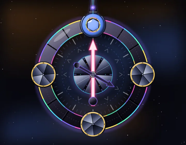 Terminus boss: a great clock-like ring with four shuttered nodes and a glowing pink hand