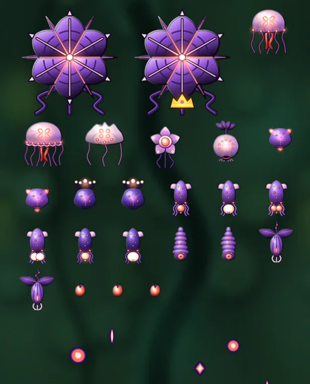 Bloom enemy roster lined up over the Lumen Jungle backdrop: violet flower-and-jellyfish organisms