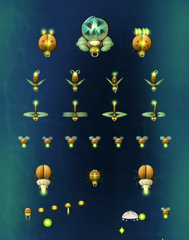 Hive enemy roster lined up over the Archipelago backdrop: insectoid swarm — beetles, stingers, dragonflies and a brood mother