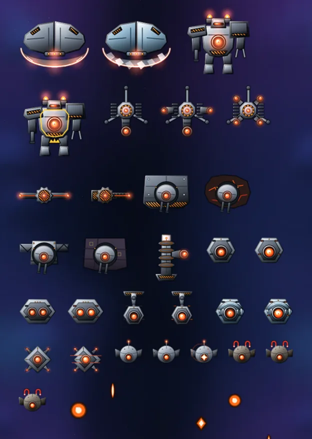 Machines enemy roster lined up over the Ion Storm backdrop: saucers, turret drones and walkers with orange sensor eyes