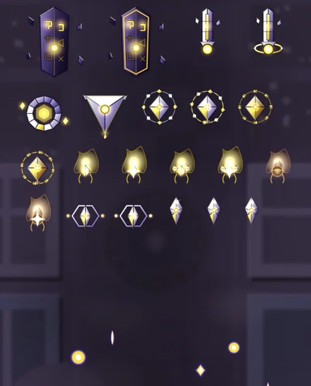 Prism enemy roster lined up over the Ruined City backdrop: crystal obelisks, lenses and golden lantern shards