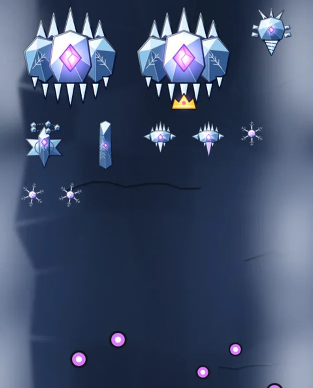 Rime enemy roster lined up over the Frost Shelf backdrop: spiked ice crystals and snowflake drones