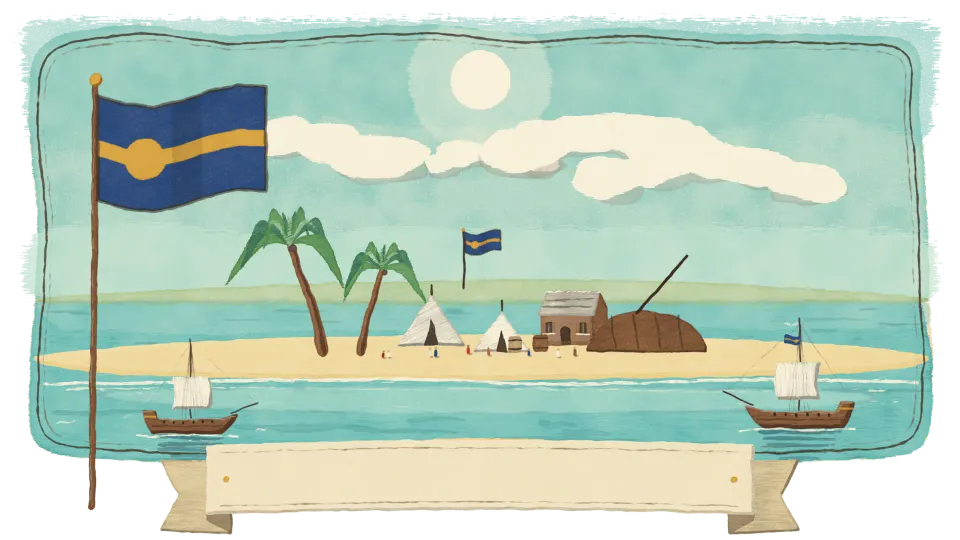 Hand-painted harbour banner for Nassau, with torn watercolour edges and a blank name ribbon
