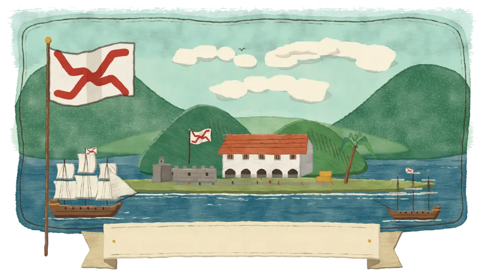 Hand-painted harbour banner for Portobello, with torn watercolour edges and a blank name ribbon