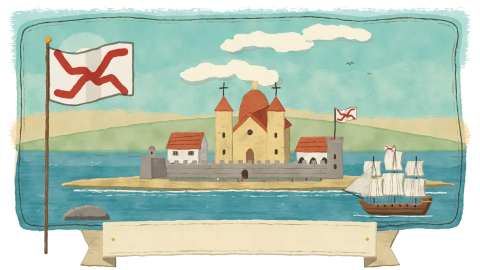 Hand-painted harbour banner for Santo Domingo, with torn watercolour edges and a blank name ribbon