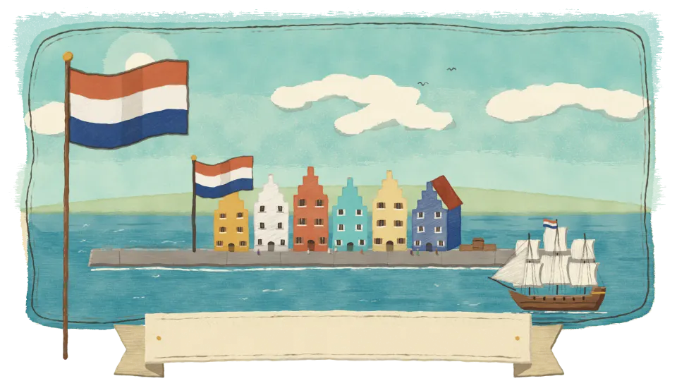 Hand-painted harbour banner for Willemstad, with torn watercolour edges and a blank name ribbon